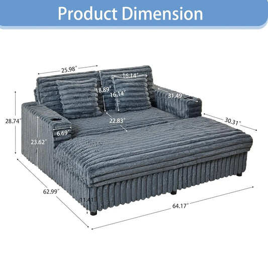 63'' Upholstered Corduroy Plush Loveseat with Charging Station, Cup Holder& Pillows