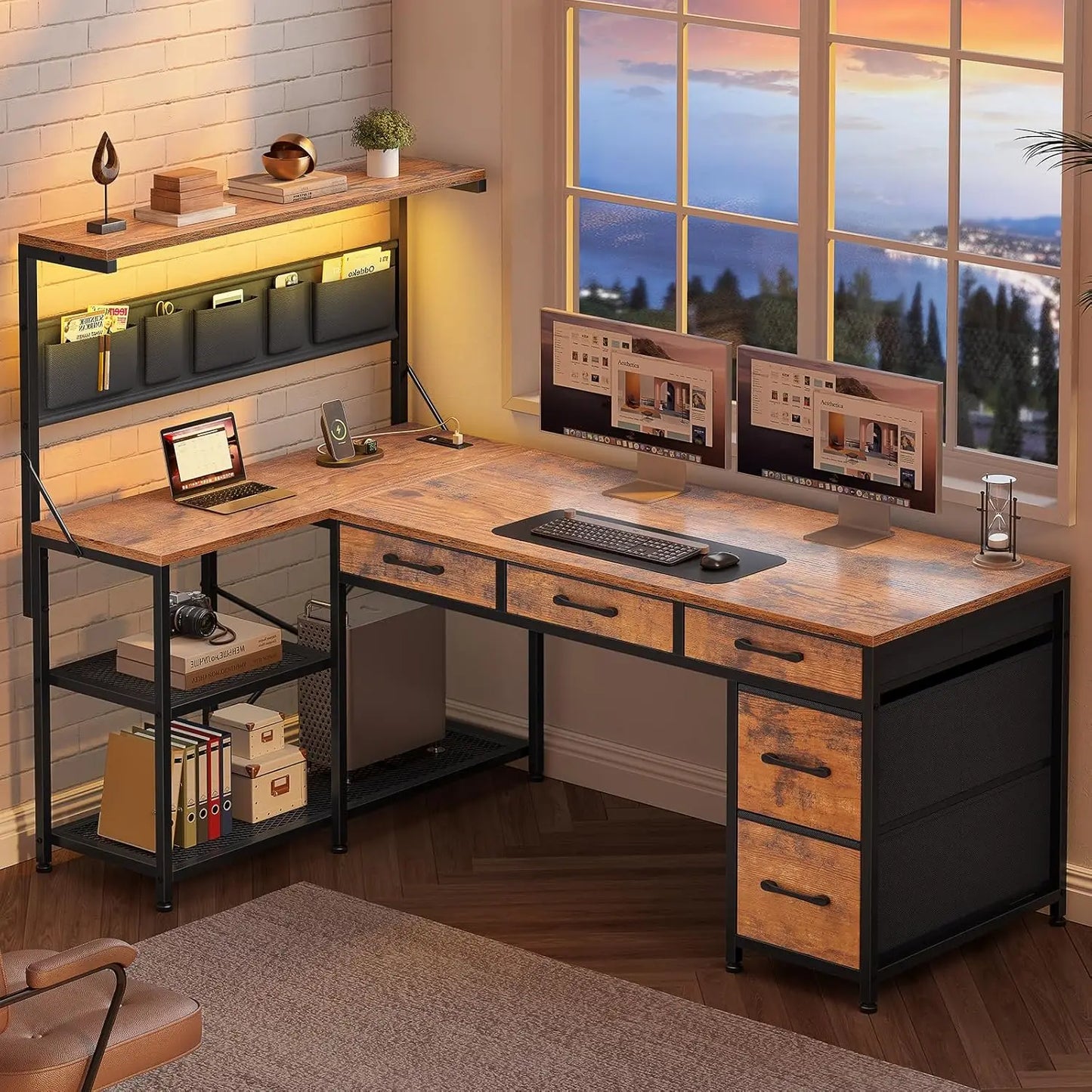 L‑Shaped Reversible Desk with Storage and Built‑In Charging