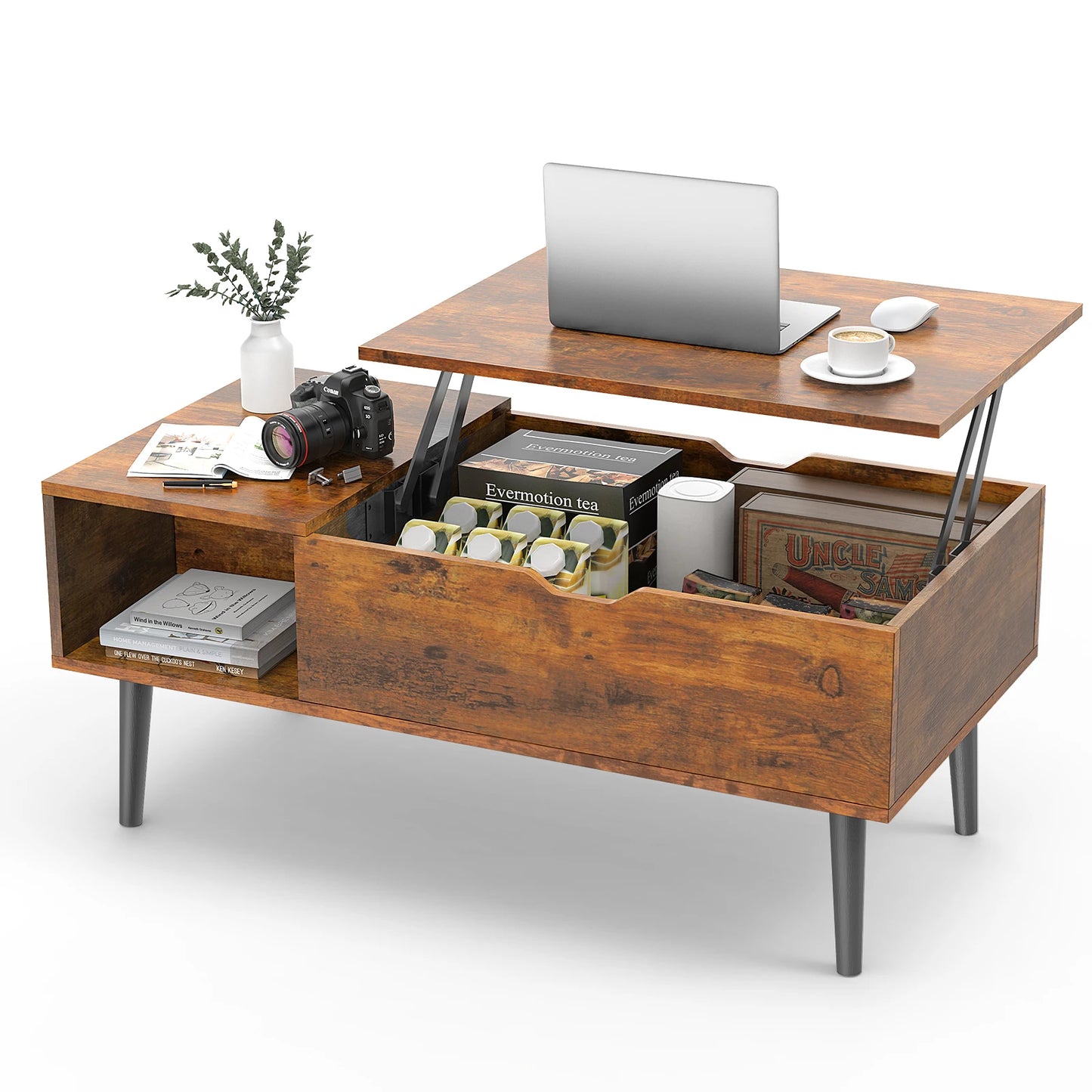 Wood Lift Top Coffee Table with Adjustable Storage Shelf 39.37"x19.7" Easy Lift Or Lower