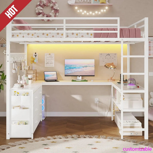 Full Sized Loft Bed with U-Shaped Desk, 6 Storage Drawers, Power Outlet, 2 Storage Shelves