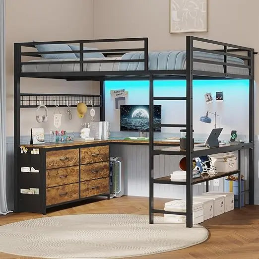 Full Sized Loft Bed with U-Shaped Desk, 6 Storage Drawers, Power Outlet, 2 Storage Shelves