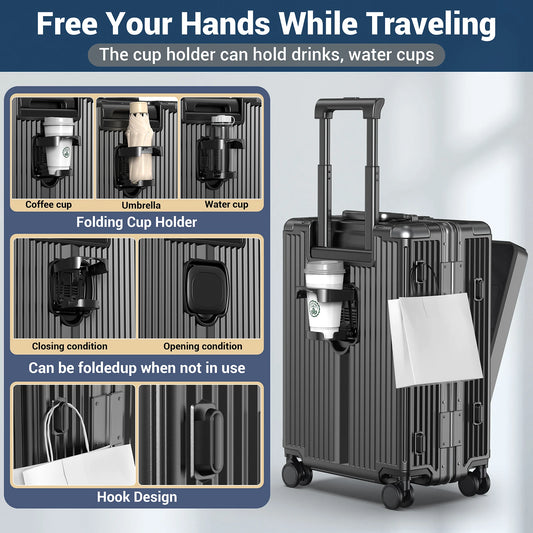 Aluminum Framed 22 inch Carry On Luggage with Front Open Laptop Compartment