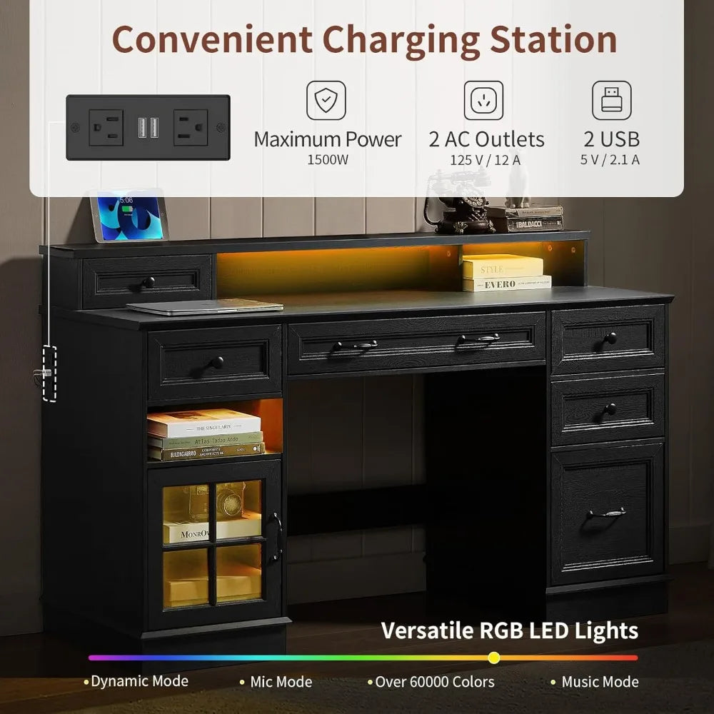 Office Desk with File Drawers, Power Outlet & LED Lights