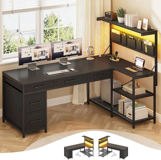 L‑Shaped Reversible Desk with Storage and Built‑In Charging