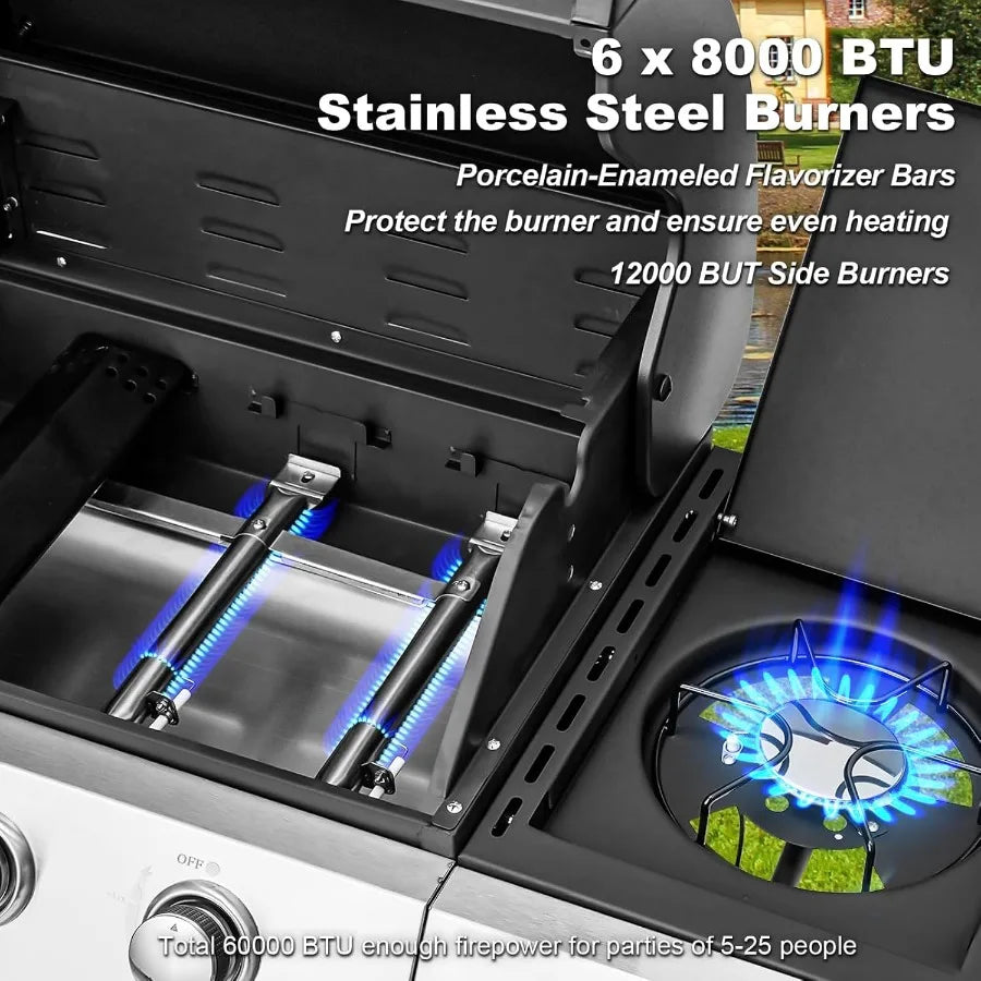 Stainless Steel 6 Burner Propane BBQ Grill with Side Stove, Cast Iron Grates