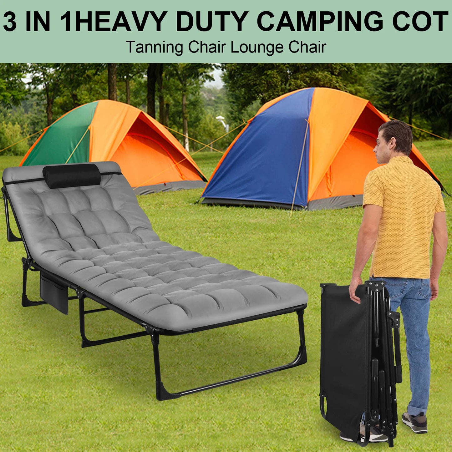 Foldable 3-Position cot. Wide, comfy, and ready for instant outdoor relaxation