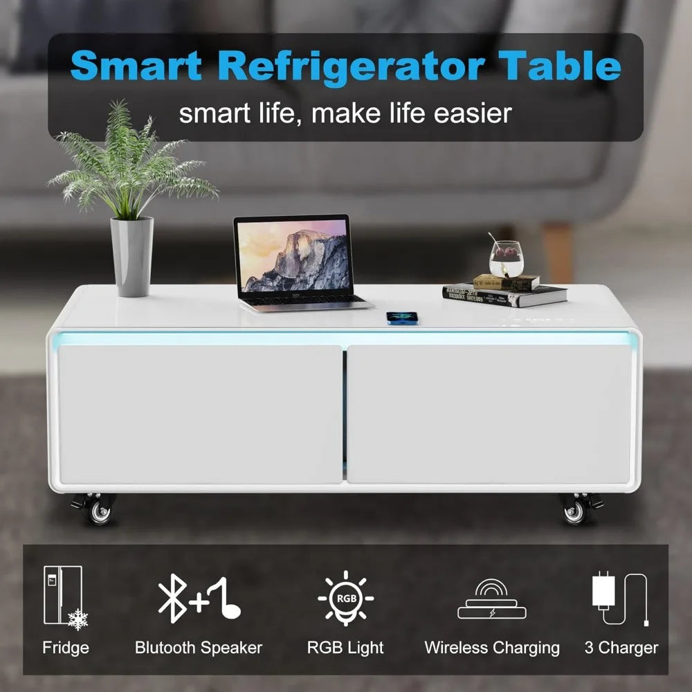 Modern Accent Table with Fridge, Speakers & Charging Convenience