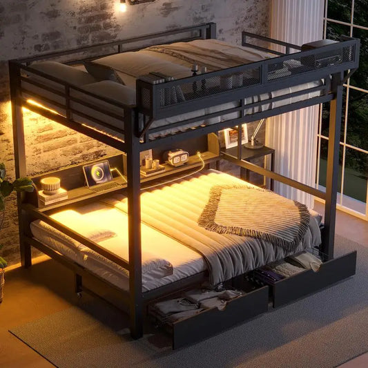 Queen Over Queen Bunk Bed with Storage, USB, Lights & Cozy Convenience