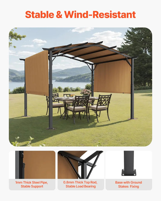 12 x 10 ft Pergola, Arched Metal Top, Retractable with Sun Shade Canopy