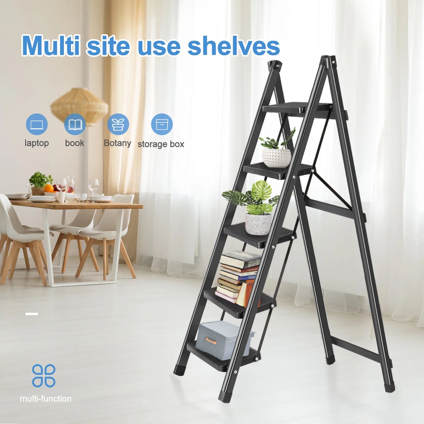 Five‑step folding ladder designed for stable, space‑saving household use