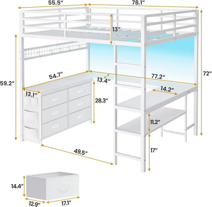 Full Sized Loft Bed with U-Shaped Desk, 6 Storage Drawers, Power Outlet, 2 Storage Shelves