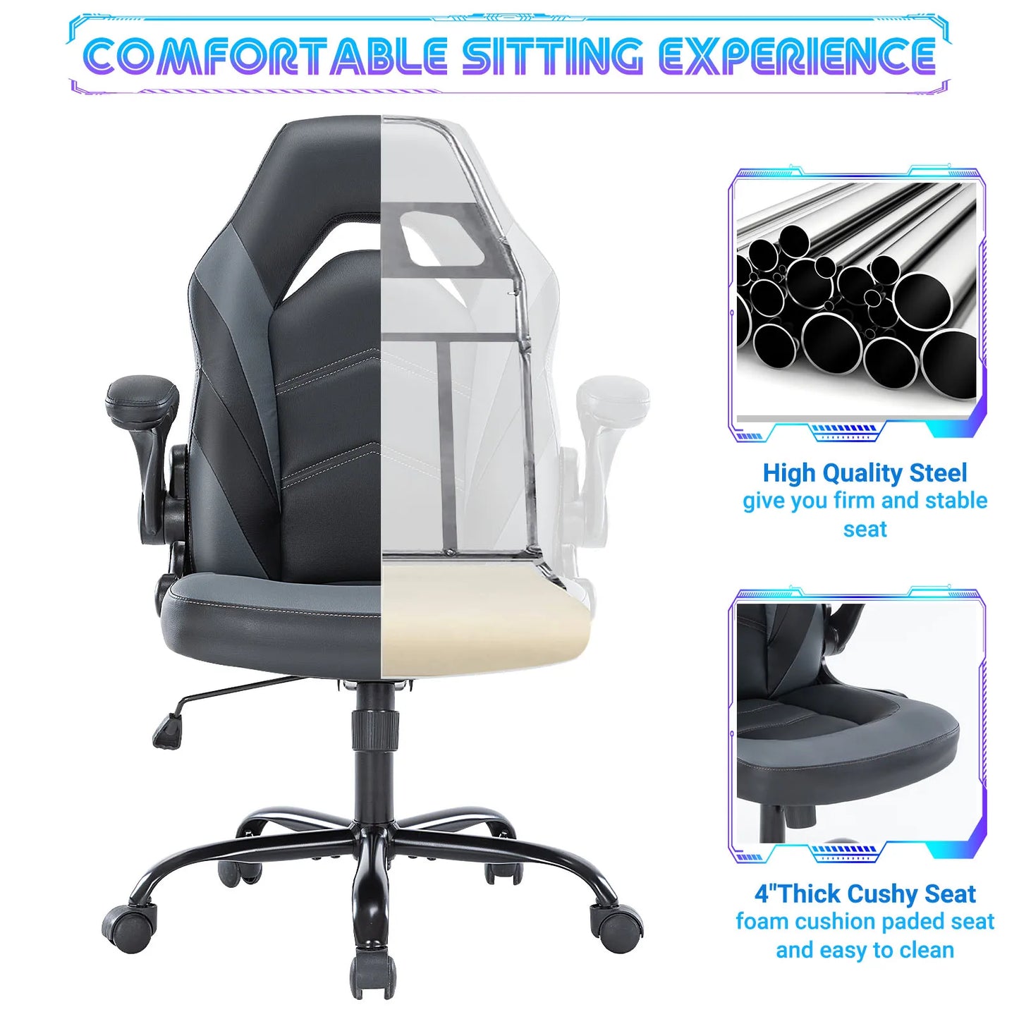 Comfortable Office Desk Chair, Leather Flip-up Armrests