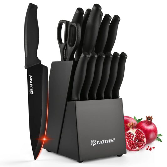 15 Pieces Carbon Steel Kitchen Knife Block Set, Built-in Knife Sharpener