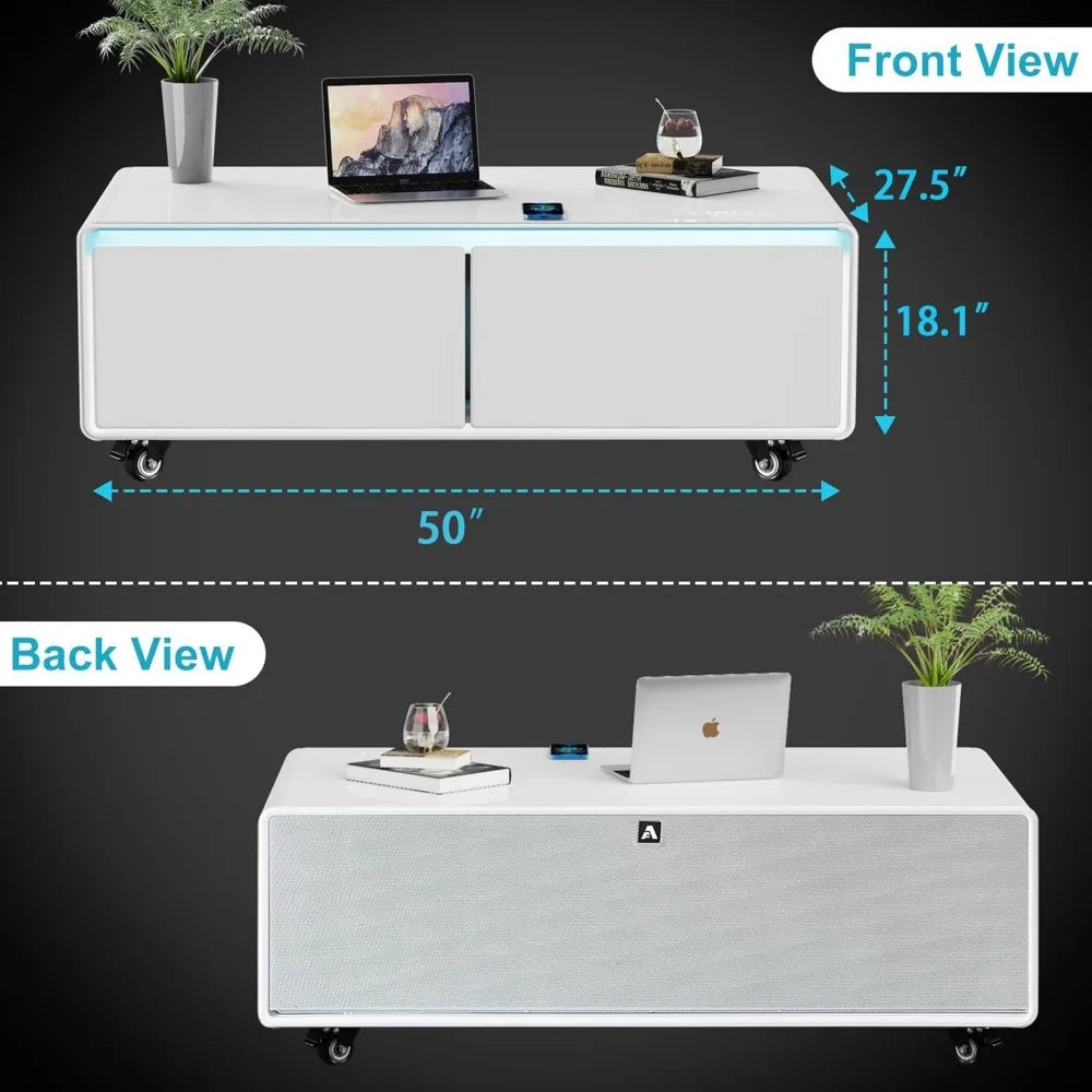 Modern Accent Table with Fridge, Speakers & Charging Convenience