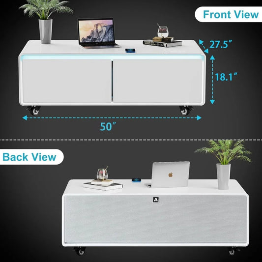 Modern Accent Table with Fridge, Speakers & Charging Convenience