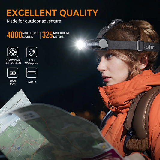 High-Power LED Headlamp with Adjustable Beam 4000 Lumens of Brightness, Distance Up to 325 Meters  USB C Rechargeable