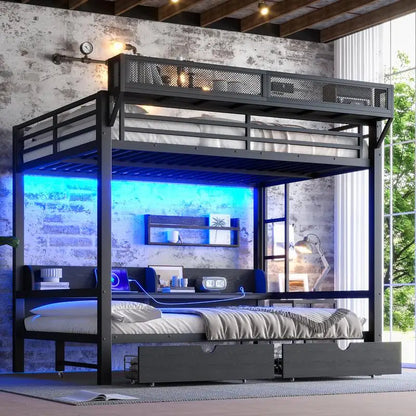 Queen Over Queen Bunk Bed with Storage, USB, Lights & Cozy Convenience