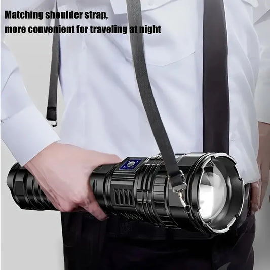 “Ultra‑bright handheld LED flashlight with adjustable zoom, USB‑C rechargeable 1800mAh power