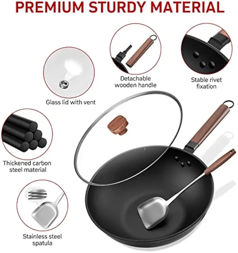 Durable Carbon Steel Wok with Lid & Spatula Everyday Cooking Made Easy