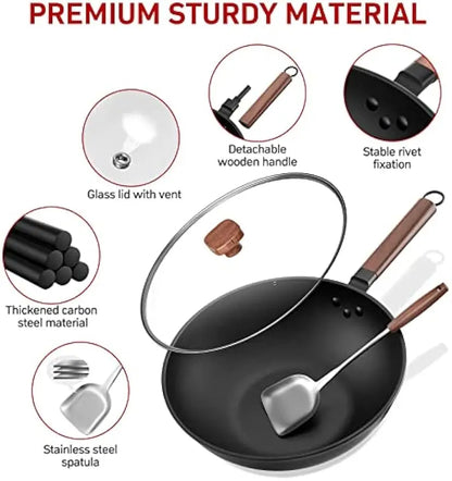 Durable Carbon Steel Wok with Lid & Spatula Everyday Cooking Made Easy