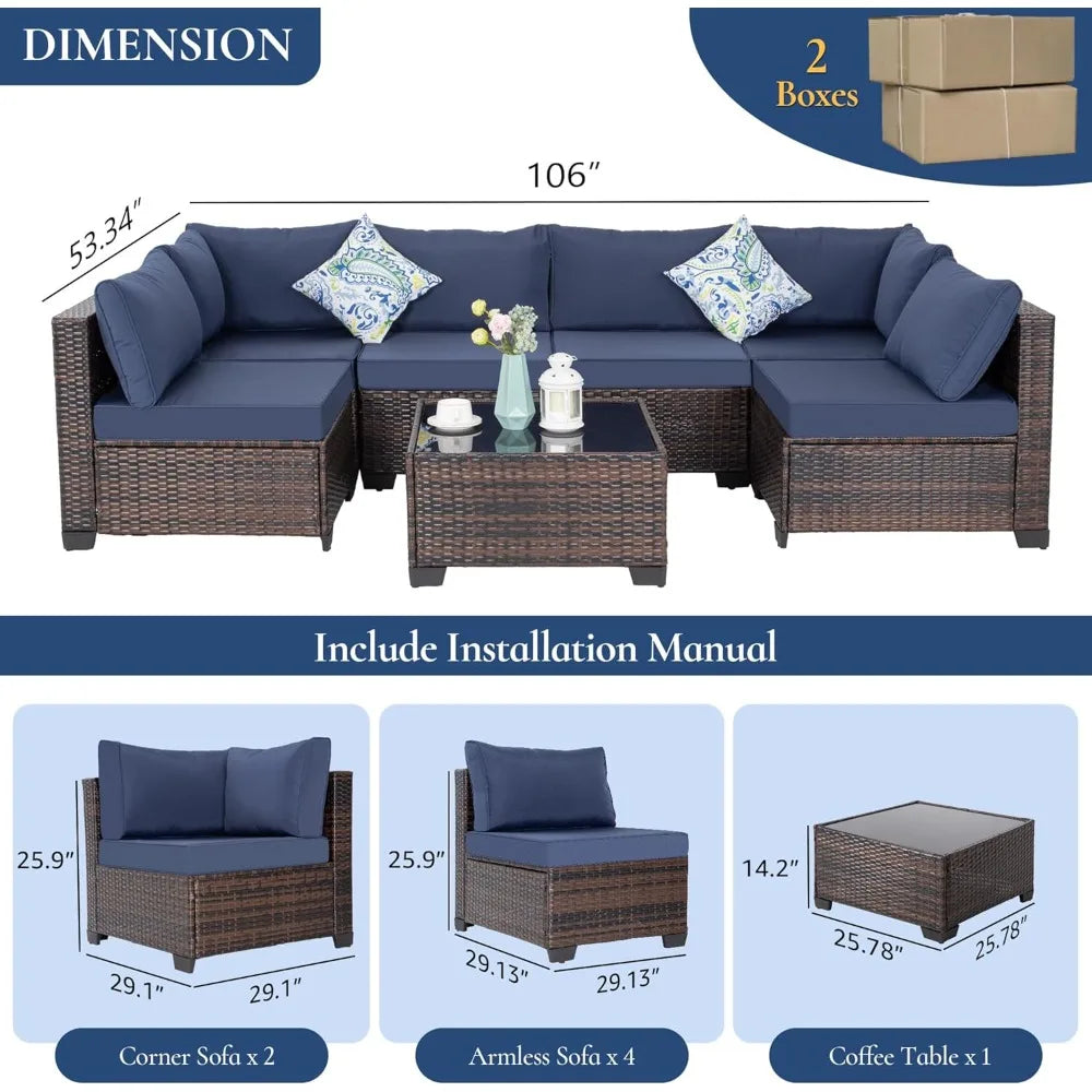 7 Piece Sectional Outdoor Wicker Patio Furniture Set & Coffee Table