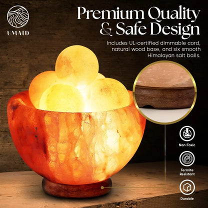 Natural Himalayan Salt Lamp Bowl with Massage Stones - Soothing Ambient LIght
