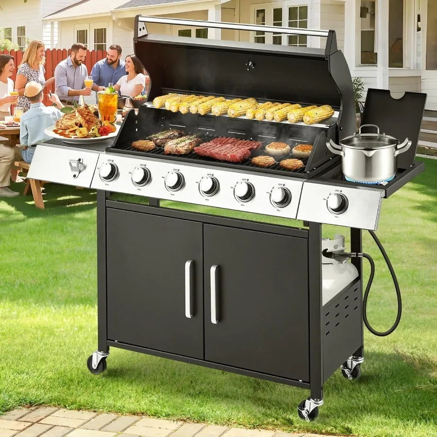 Stainless Steel 6 Burner Propane BBQ Grill with Side Stove, Cast Iron Grates
