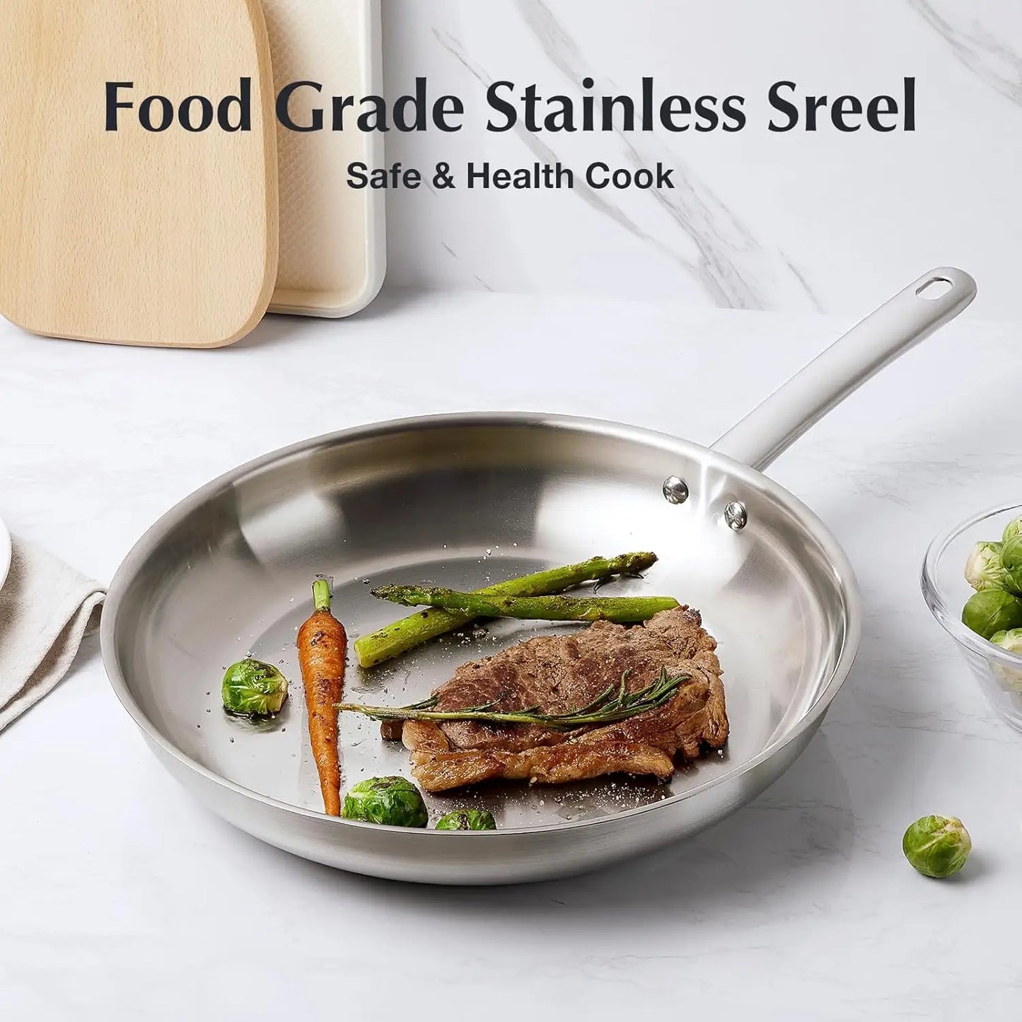 Stainless Steel Frying Pan With Tri-ply Bottom - Excellent Heat conduction PFAS-Free
