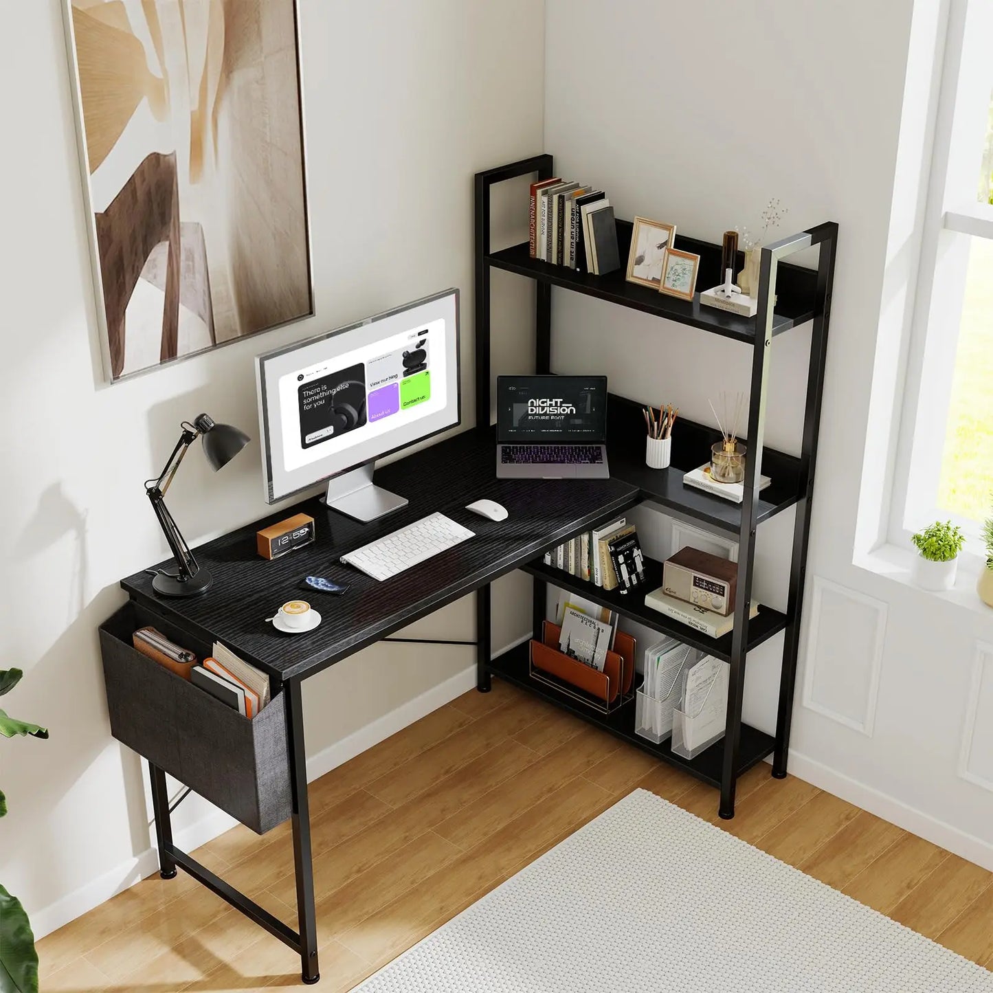 Modern Corner Workstation with Integrated Shelving. This Piece Creates a Refined, Functional Workspace