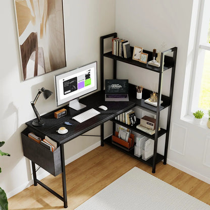 Modern Corner Workstation with Integrated Shelving. This Piece Creates a Refined, Functional Workspace
