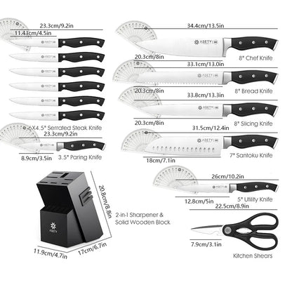 15 PCS Stainless Steel Kitchen Knife Set With Built-in Knife Sharpener Block