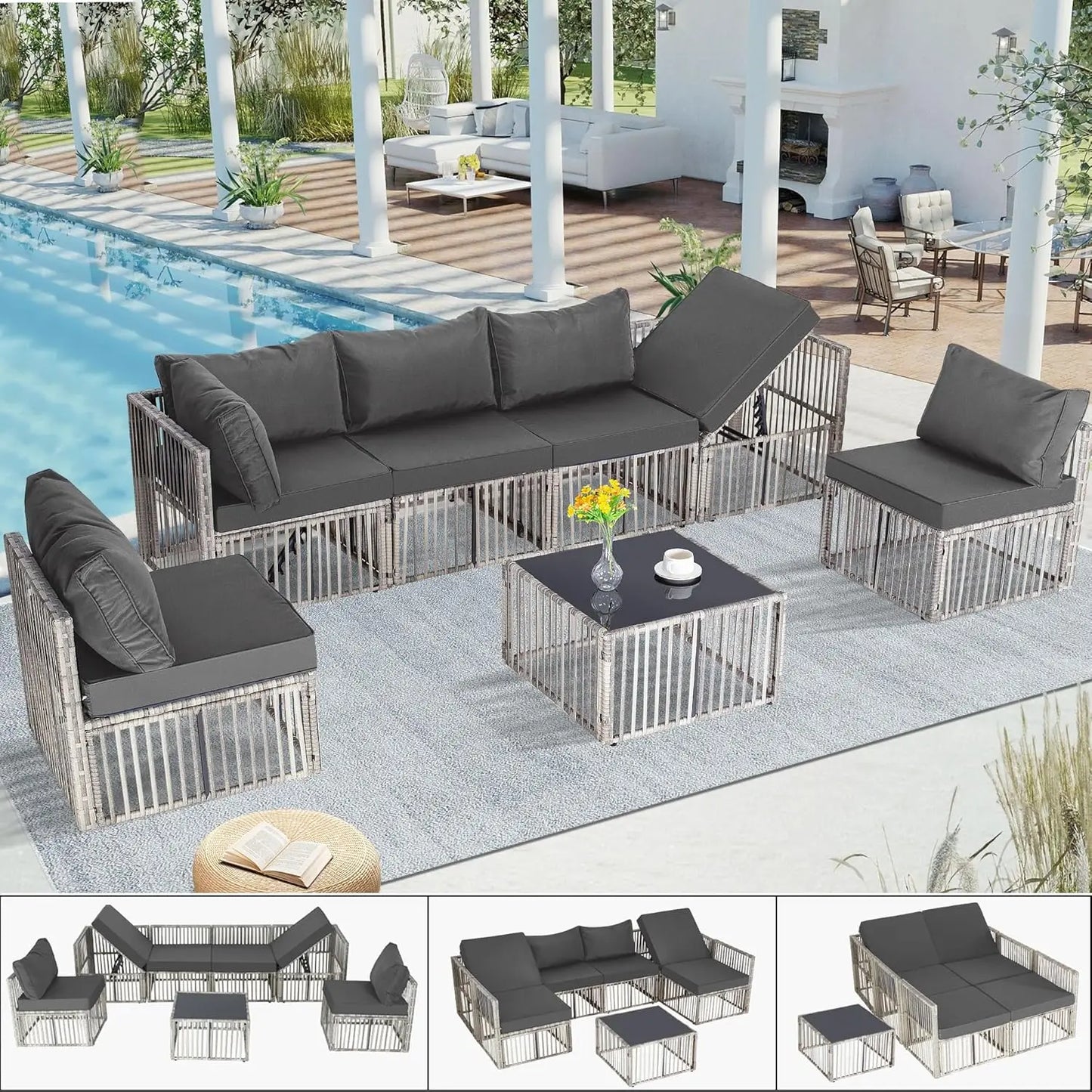 7 Piece Sectional Outdoor Wicker Patio Furniture Set & Coffee Table