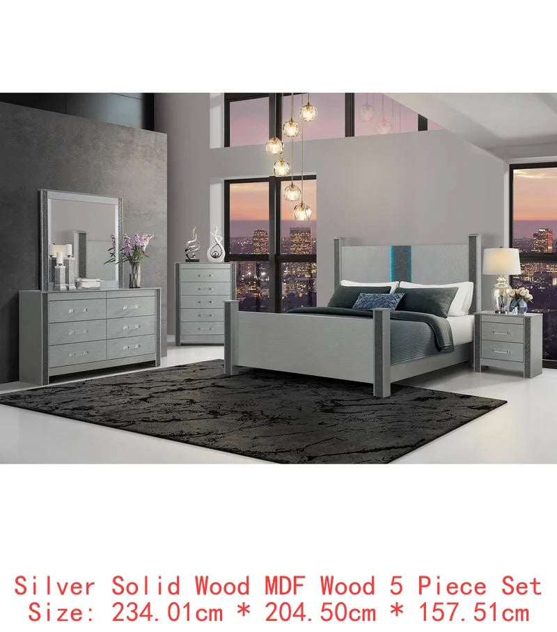 Modern Queen Bedroom Set with Sleek Silver Finish & Timeless Style