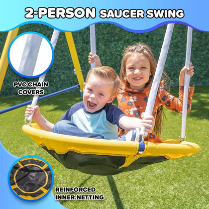 Outdoor Kids Swing Set with LED Swings, Saucer Swing & 5ft Slide - Safe Metal Playset for Ages 3-8