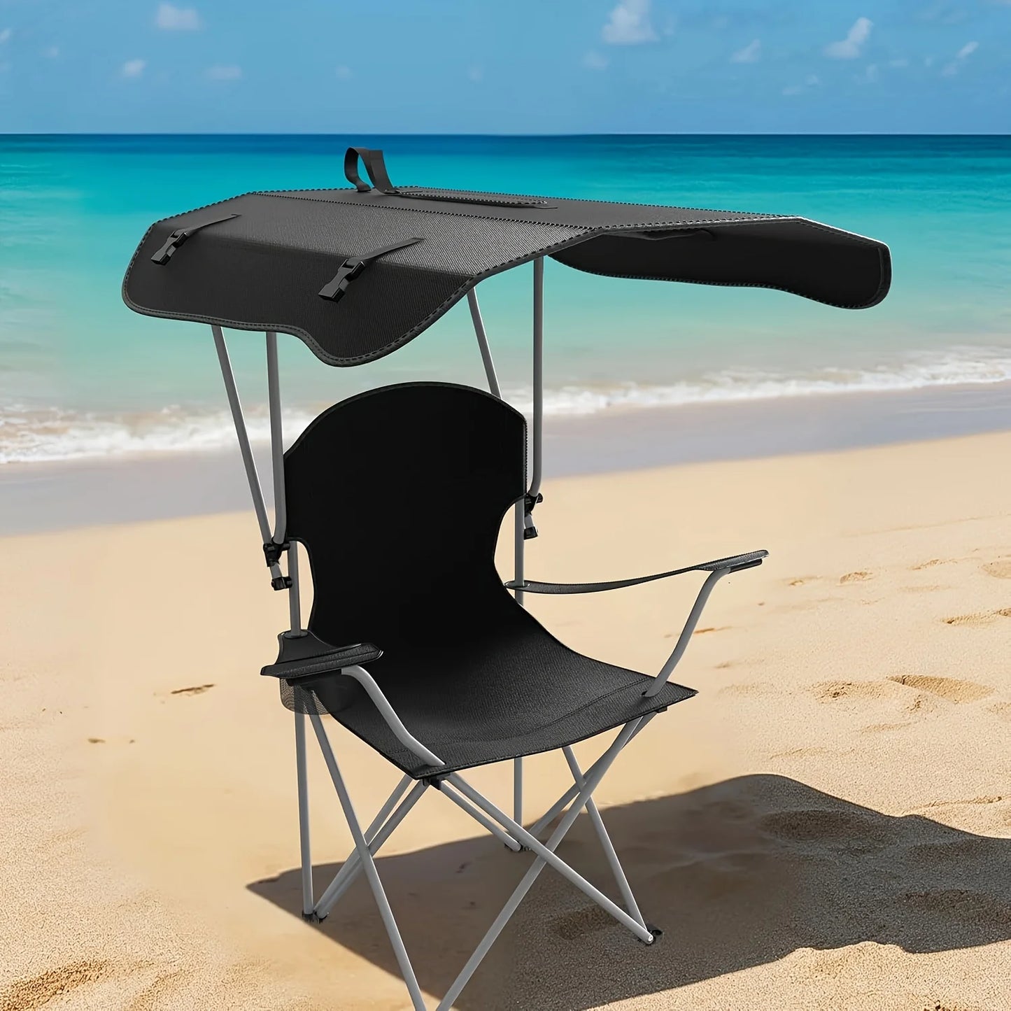 Lightweight folding beach chair with sunshade and cup holder