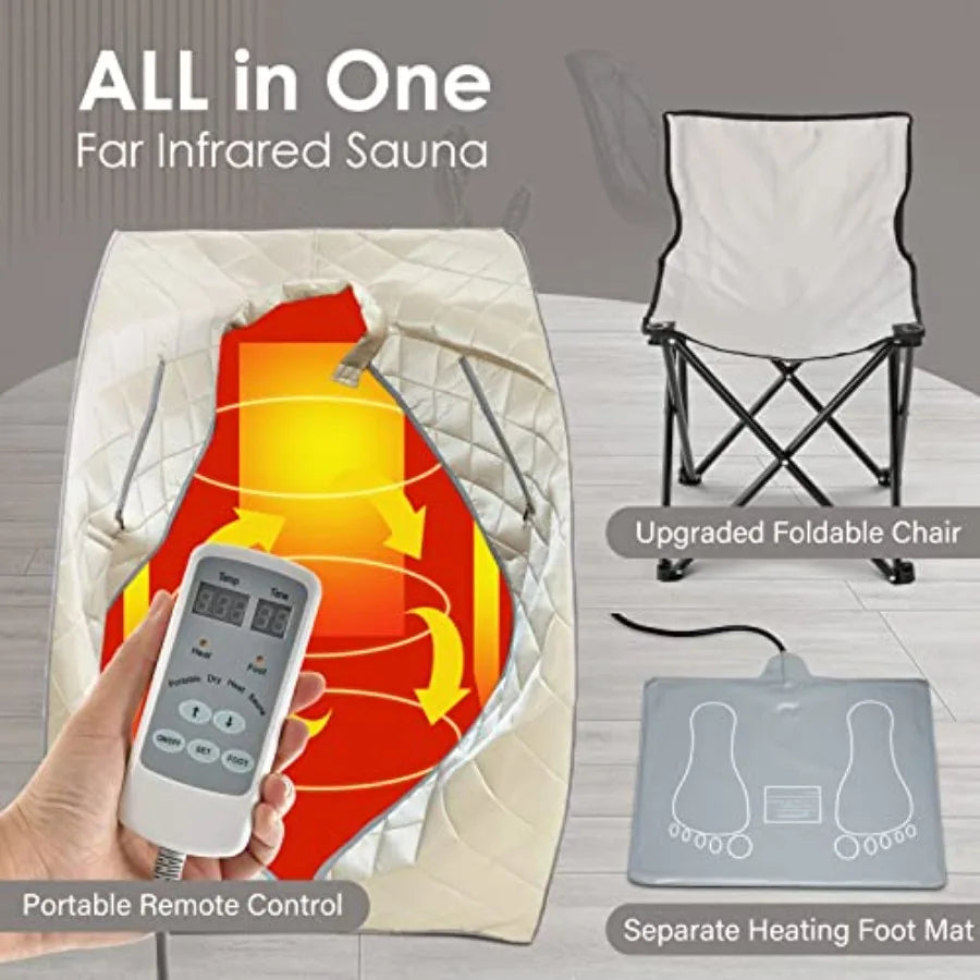 One‑person infrared sauna with remote‑controlled heat, foot pad, and foldable chair