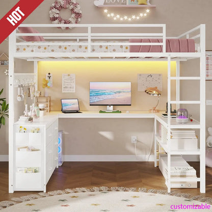 Full Sized Loft Bed with U-Shaped Desk, 6 Storage Drawers, Power Outlet, 2 Storage Shelves