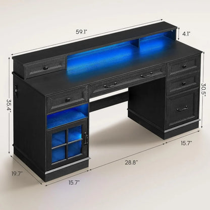 Office Desk with File Drawers, Power Outlet & LED Lights