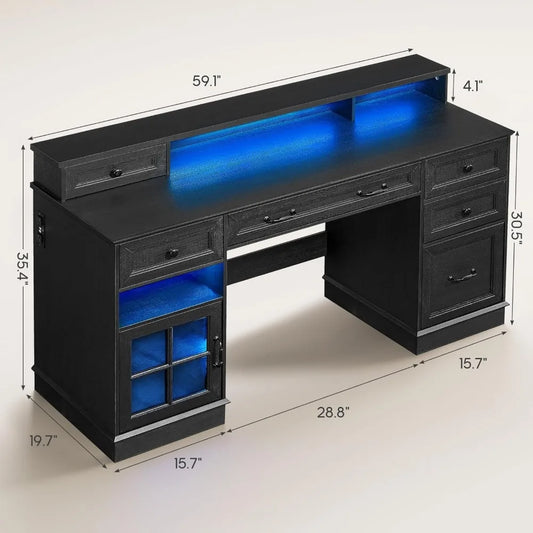 Office Desk with File Drawers, Power Outlet & LED Lights