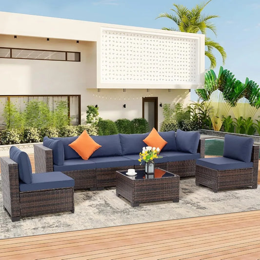 7 Piece Sectional Outdoor Wicker Patio Furniture Set & Coffee Table