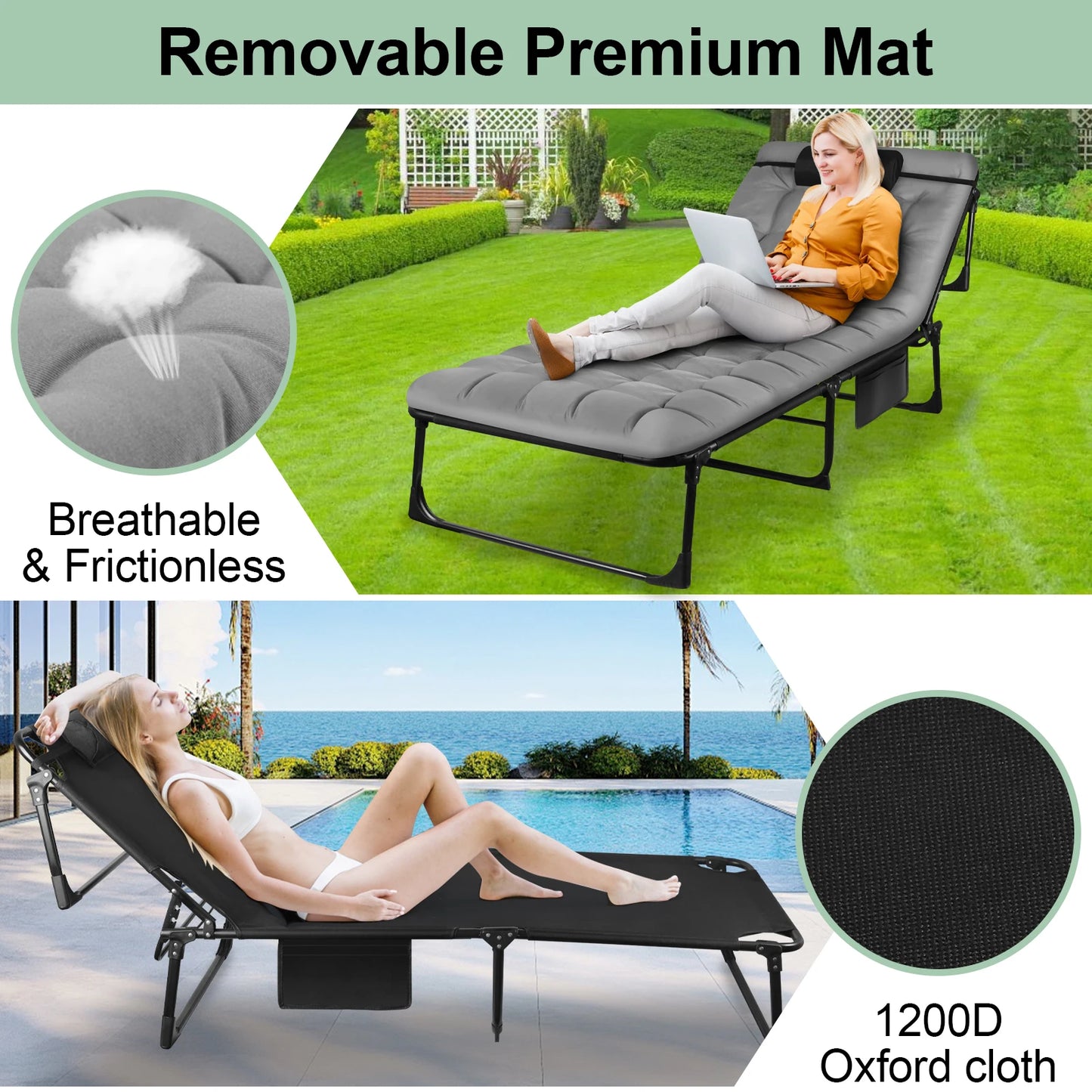 Foldable 3-Position cot.  Wide, comfy, and ready for instant outdoor relaxation