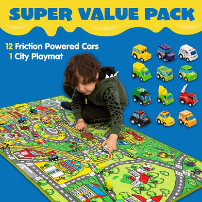 City Themed Playmat With 12  Vehicle Set for Kids Age 3+