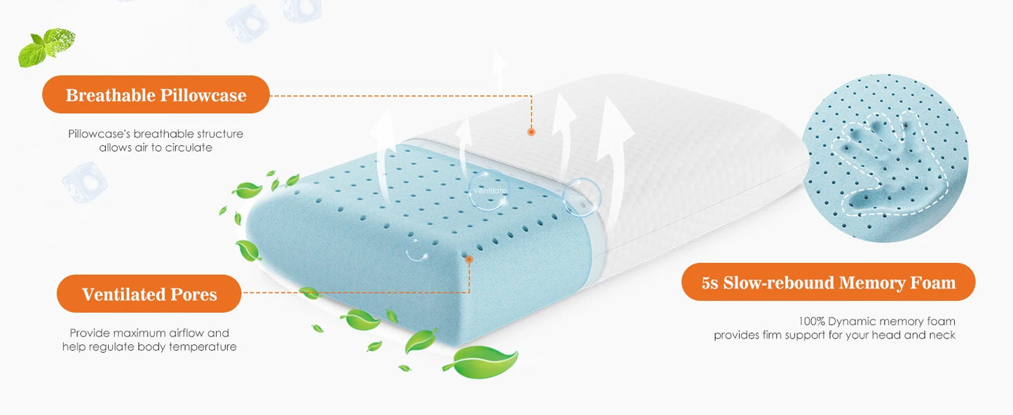 Standard Size Memory Foam Pillows Ventilated Cooling with Removable Washable Cover