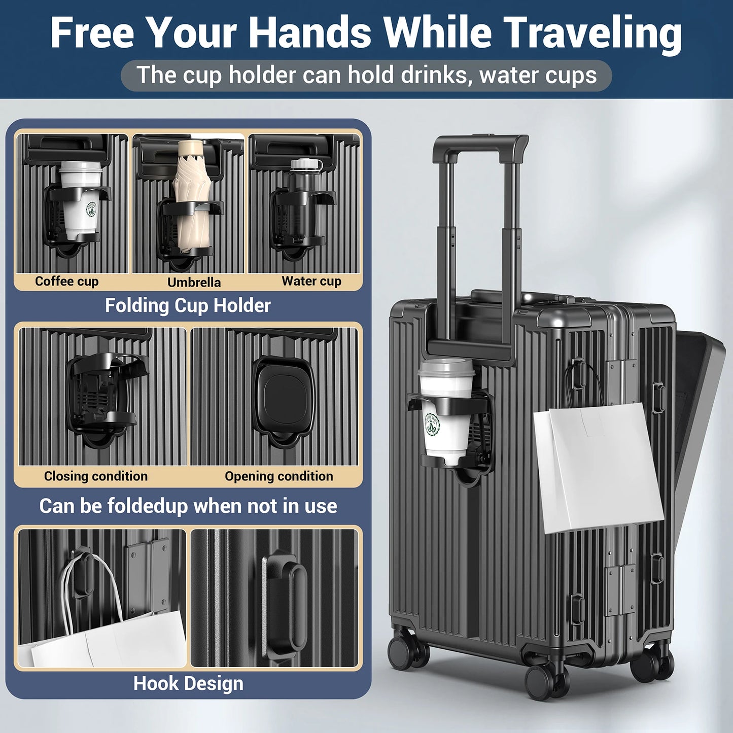 Aluminum Framed 22 inch Carry On Luggage with Front Open Laptop Compartment