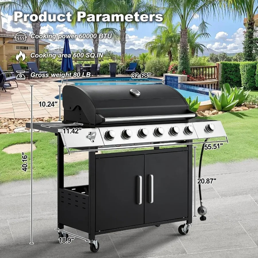 Stainless Steel 6 Burner Propane BBQ Grill with Side Stove, Cast Iron Grates