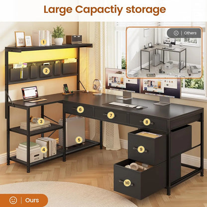 Reversible L Shaped Gaming Computer Desk with 5 Drawers, Storage Shelves & Built In Charging Station