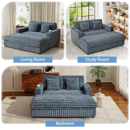 63'' Upholstered Corduroy Plush Loveseat with Charging Station, Cup Holder& Pillows