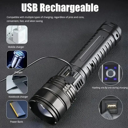 “Ultra‑bright handheld LED flashlight with adjustable zoom, USB‑C rechargeable 1800mAh power