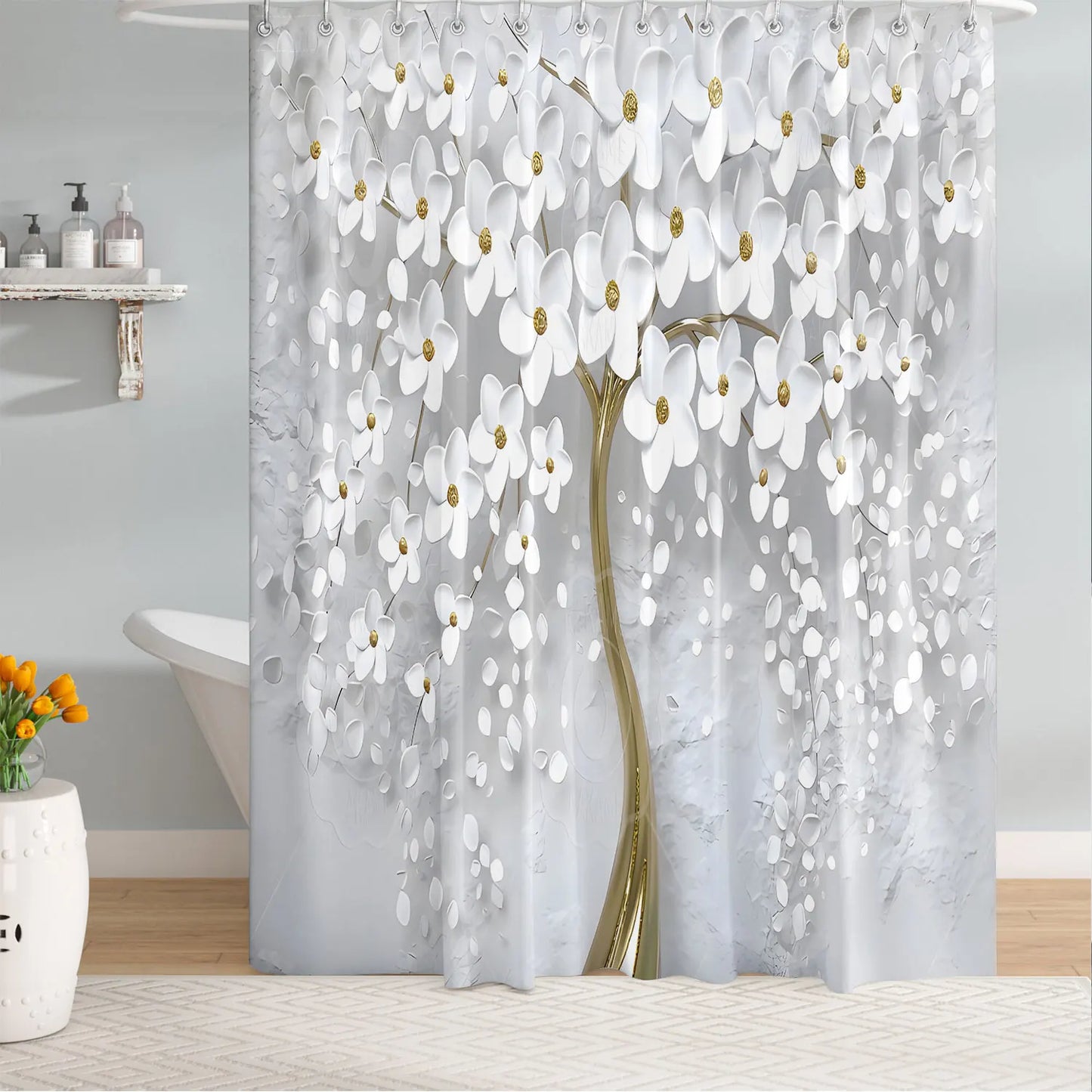 Abstract Art White Floral Shower Curtain Set