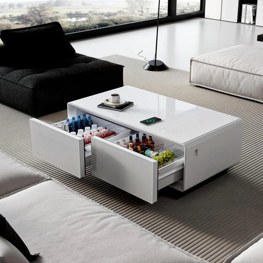Modern Accent Table with Fridge, Speakers & Charging Convenience